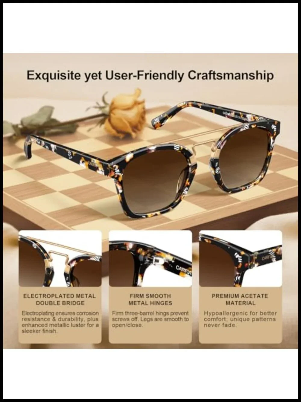 Retro Square Double Bridge Sunglasses Polarized UV400 Protection Acetate Frame